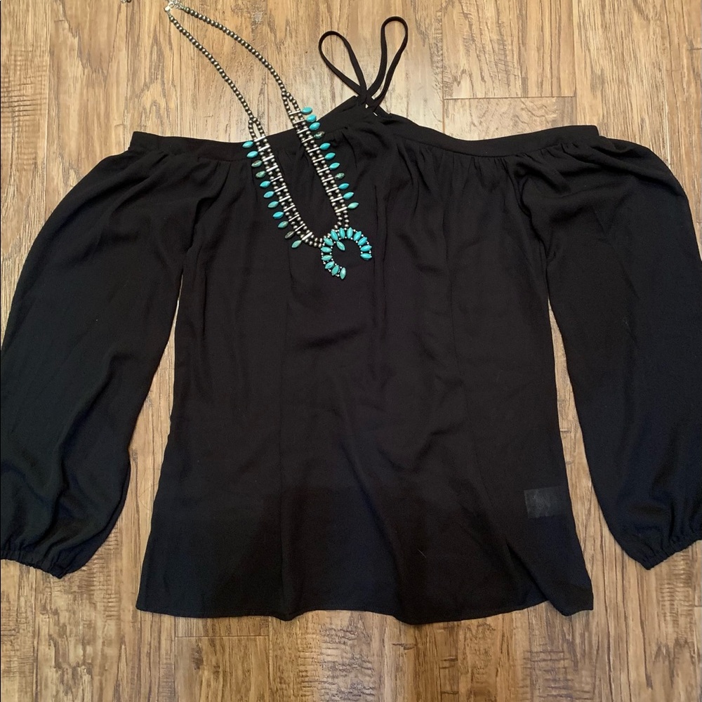 Black open shoulder flowy chiffon blouse size M
